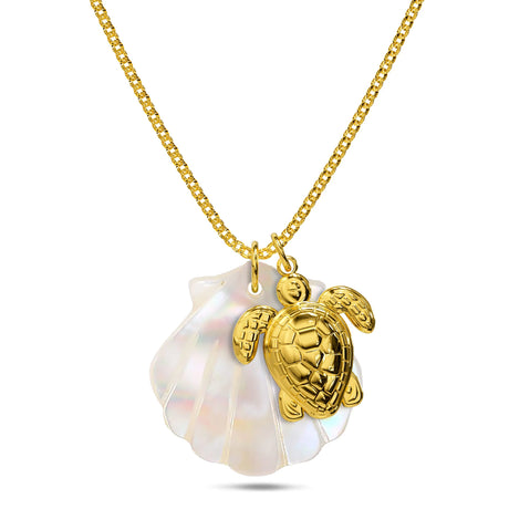 Bullion Gold Pearl Shell & Gold Sea Turtle Necklace