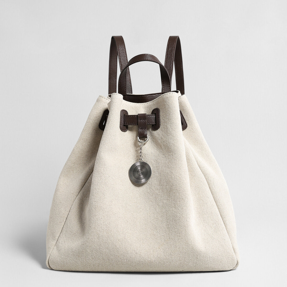 Canvas & Leather Drawstring Bucket Backpack - Ivory