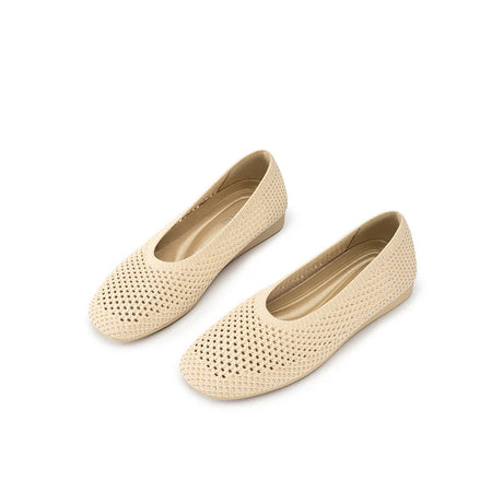 Heart Mesh Knit Square Toe Wedge Flats - Beige