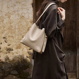 Nalandu Luxe Genuine Leather Bucket Tote Shoulder Bag - Taupe