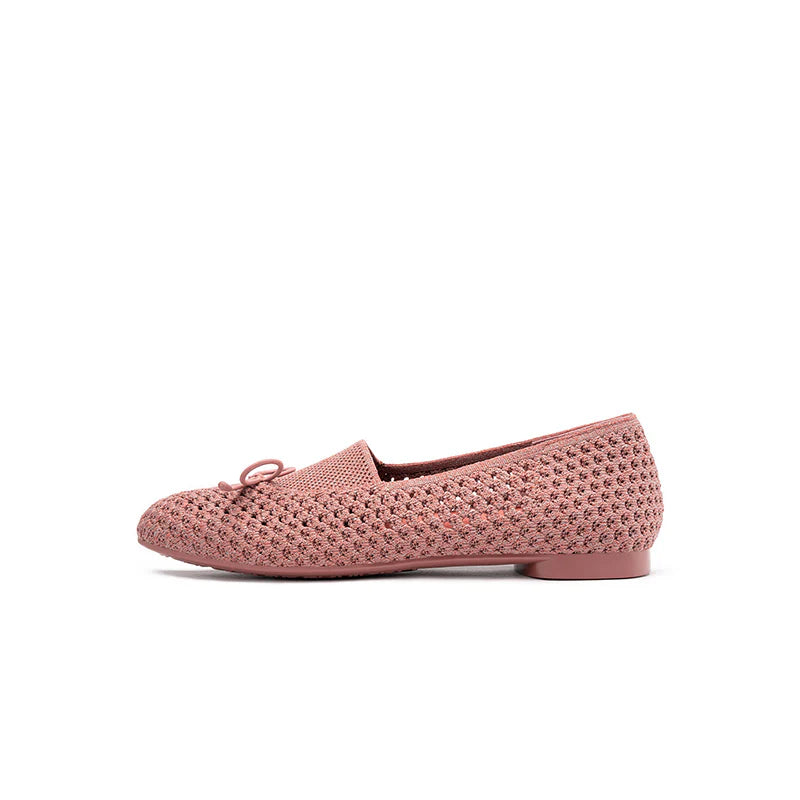 Bow Hollow Mesh Knit Round Toe Low Heel Flats - Coral