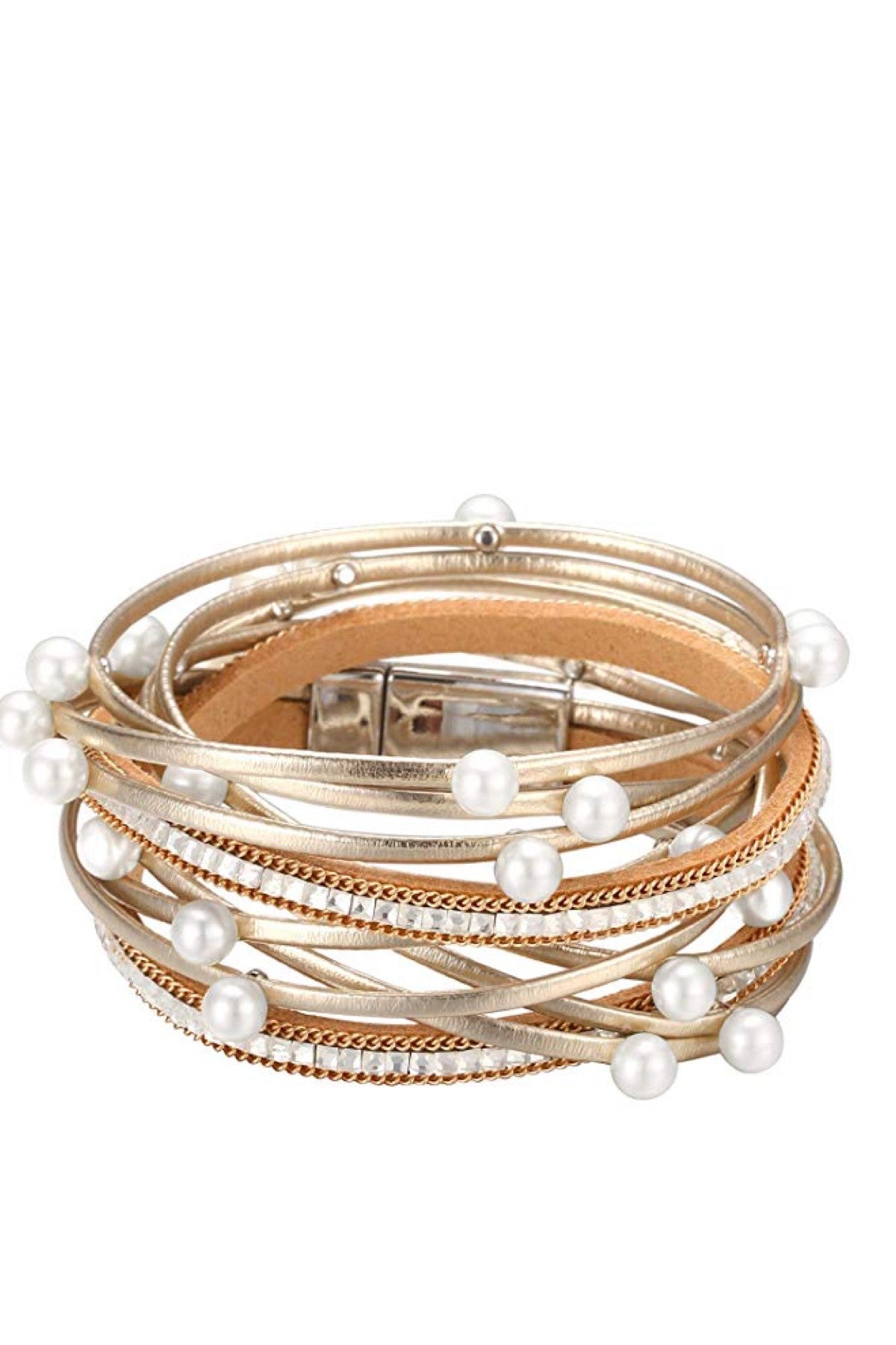 Liv Oliver 18K Gold Multi Pearl Leather Bracelet