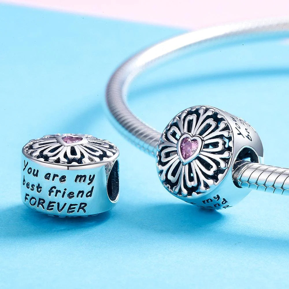 Solid 925 Sterling Silver You Are My Best Friend FOREVER Inscription Heart CZ Charm