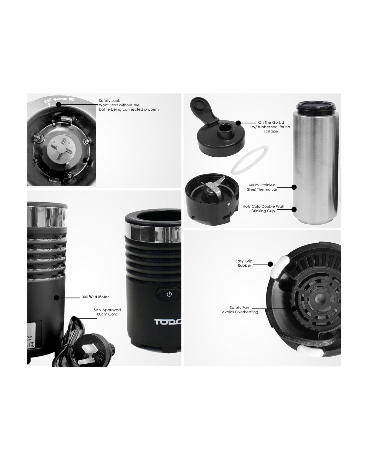 TODO 300W Smoothie Maker Drink Blender 600Ml Double Wall Stainless Steel Jar - Black
