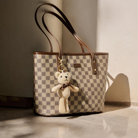 Nalandu Vintage Checkered Large Capacity Shoulder Tote Bag - Khaki