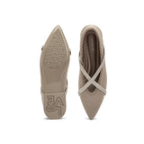 Rhinestone Cross Strap Pointed Toe Knit Flats - Sand