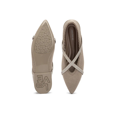 Rhinestone Cross Strap Pointed Toe Knit Flats - Sand