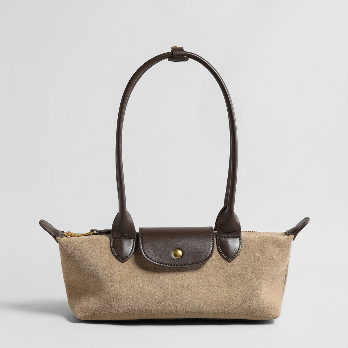 Suede Baguette Bag – Contrast Leather Shoulder Bag with Brass-Tone Snap