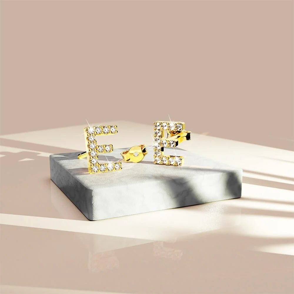 Solid 925 Sterling Silver Glamour Alphabet Letter Earrings Gold
