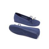 Pearl Bow Heart Mesh Knit Round Toe Wedge Flats - Navy