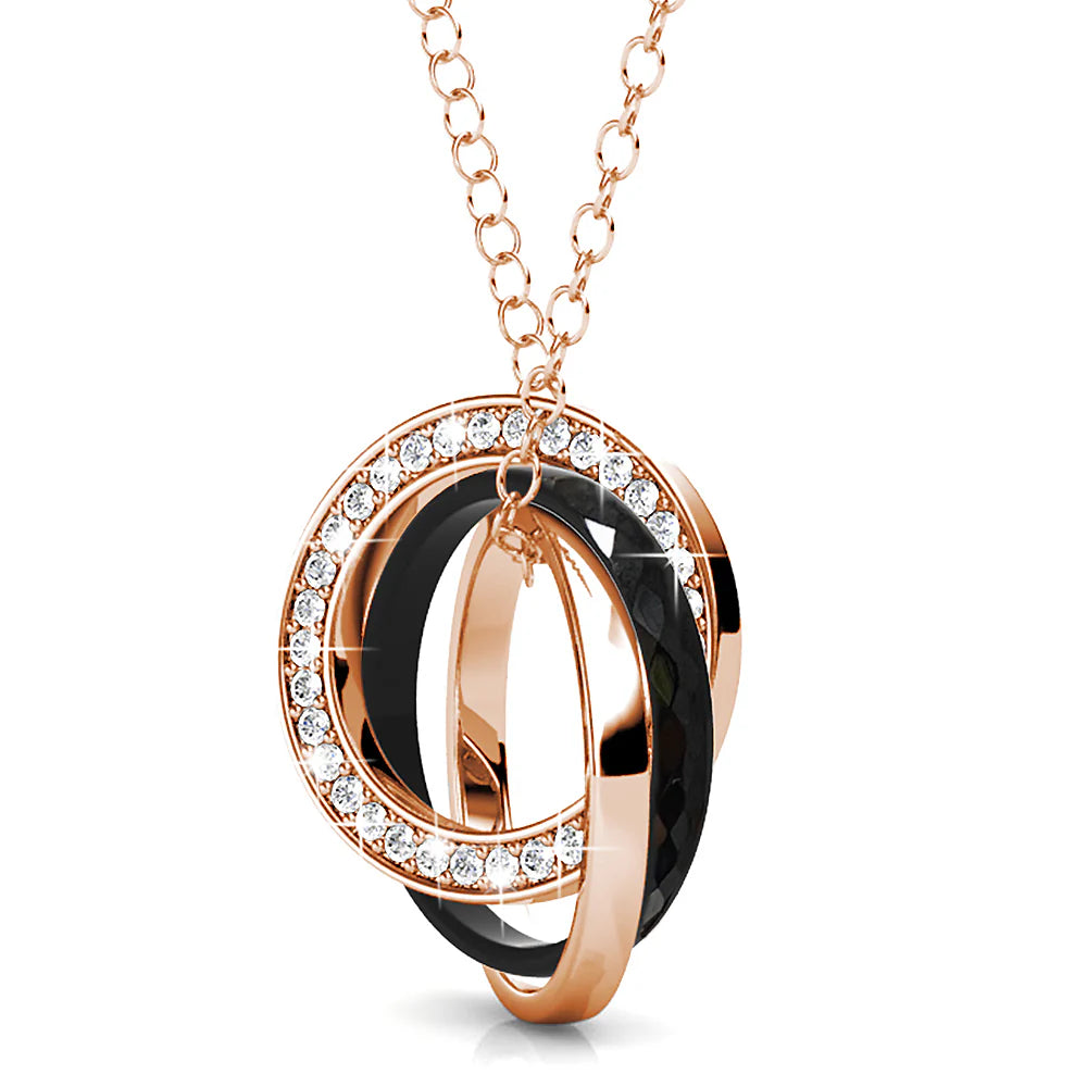 Krystal Couture Rose Gold Triple Interlocking Ring Black Pendant Necklace Embellished with Swarovski Crystals