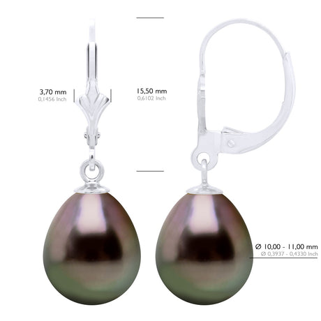 Earrings In White Gold and Real Cultured Tahiti Pearls Pear 10-11 mm - Longueur 42 cm