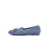 Bow Hollow Mesh Knit Round Toe Low Heel Flats - Denim