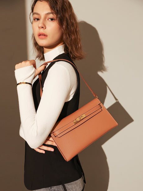 Camille Palm-Grain Calfskin Shoulder Bag - Brown
