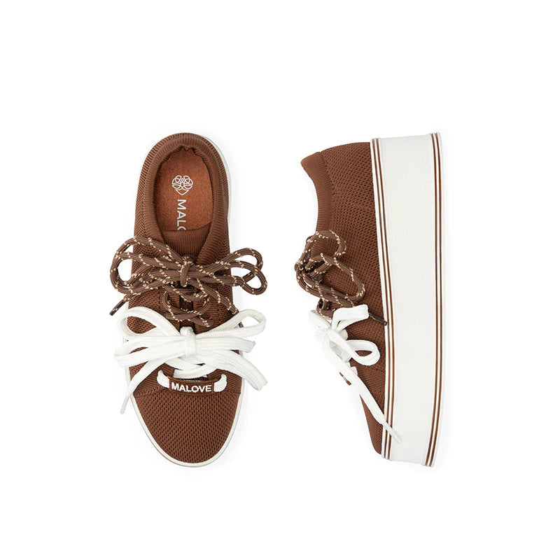 Dual Lace Platform Knit Sneakers - Coffee
