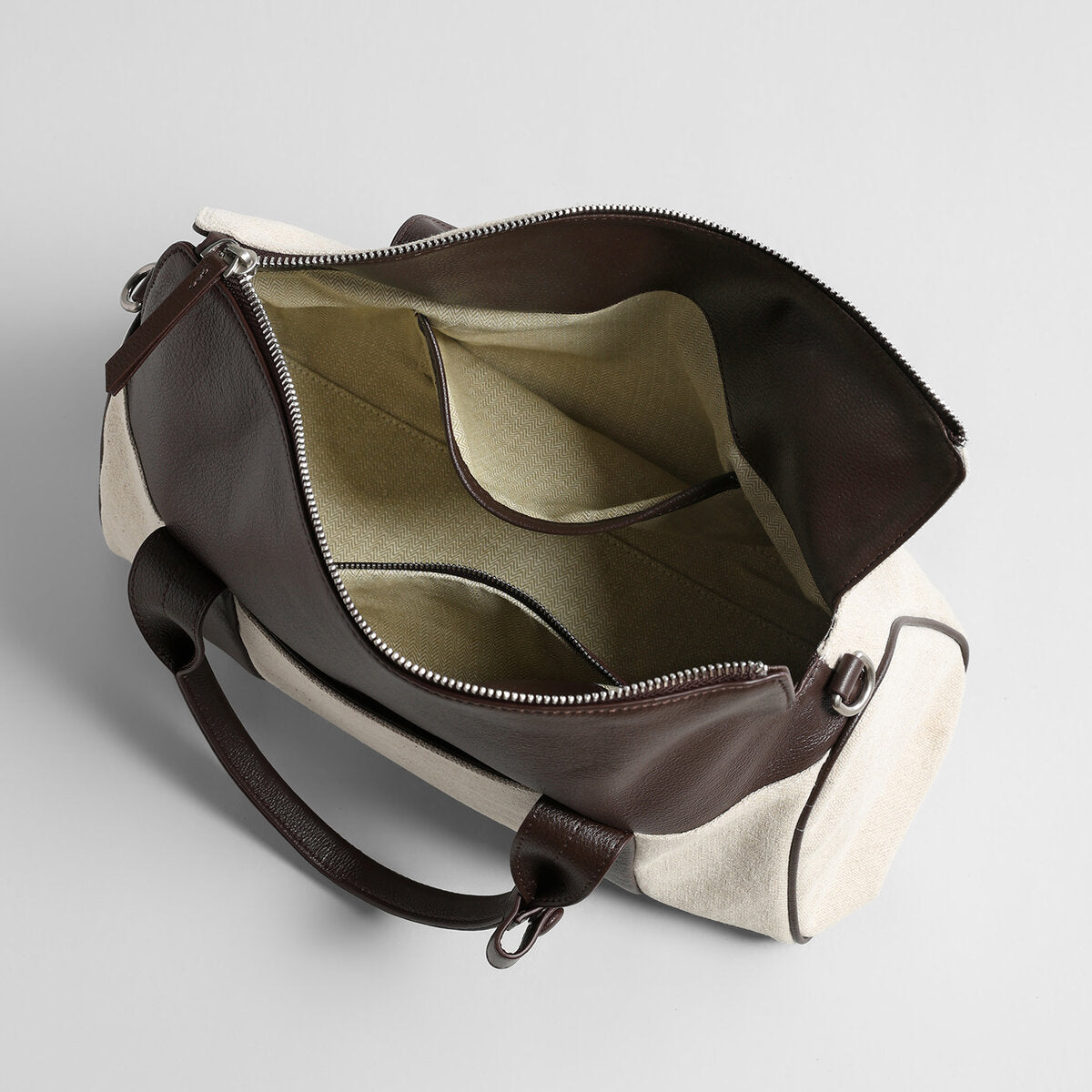 Canvas & Leather Curved-Top Satchel - Ivory