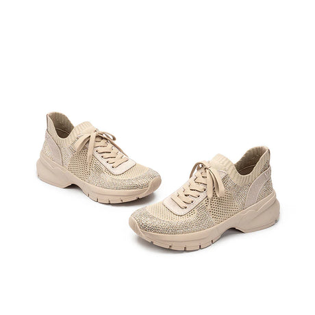 Rhinestone Mesh Knit Chunky Platform Sneakers - Beige