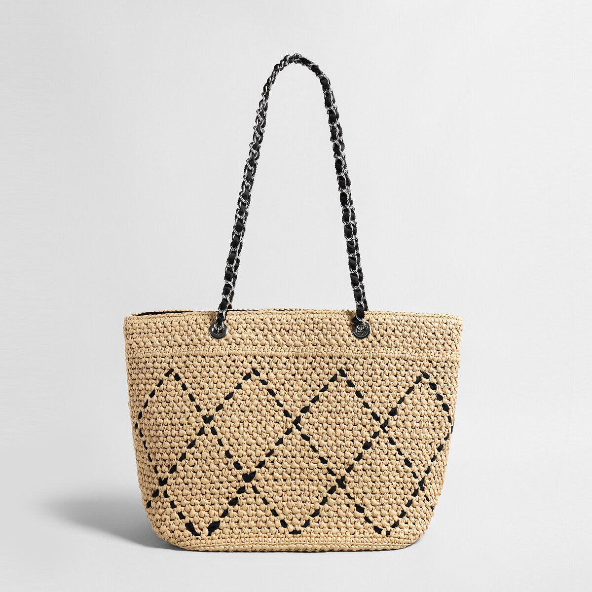 Handwoven Straw Chain Tote Bag - Black
