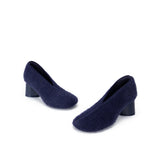 Fuzzy Round Toe Block Heel Pumps - Navy