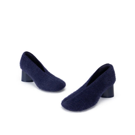 Fuzzy Round Toe Block Heel Pumps - Navy