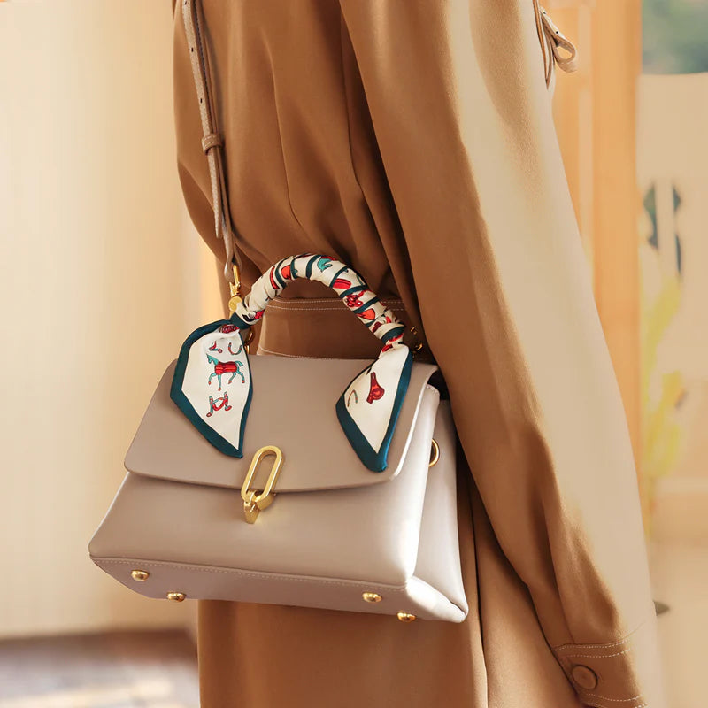 Nalandu Elegant Apricot Leather Satchel Bag with Silk Scarf Handle - Apricot