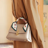 Nalandu Elegant Apricot Leather Satchel Bag with Silk Scarf Handle - Apricot