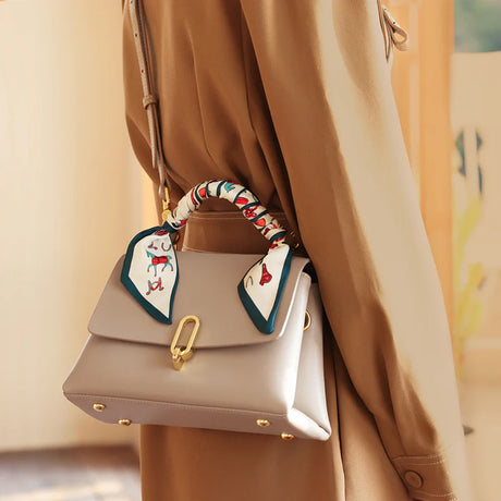Nalandu Elegant Apricot Leather Satchel Bag with Silk Scarf Handle - Apricot