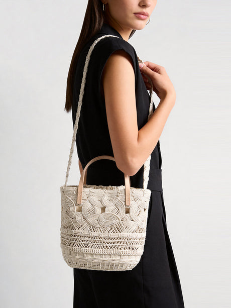 Multi-Pattern Macrame Basket Tote - Ivory
