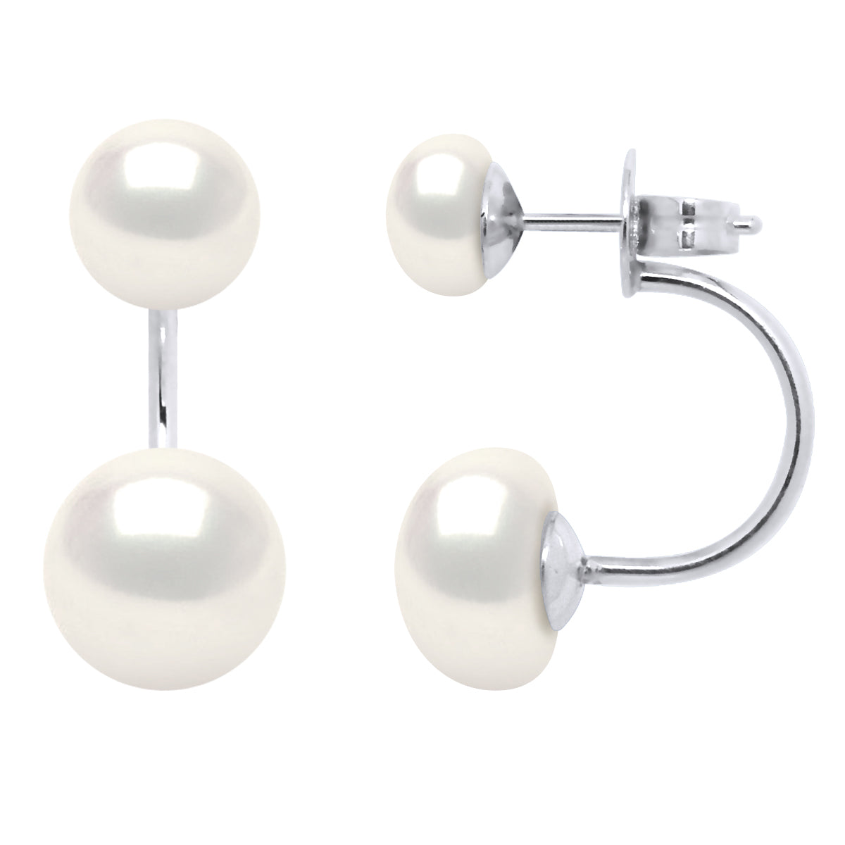 Earrings Duo Real Cultured Freshwater Pearls Button 6 and 9 mm - Natural White - Longueur 42 cm