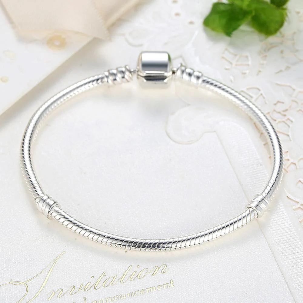 Solid 925 Sterling Silver Pandora Inspired Barrel Clasp Snake Chain Bracelet