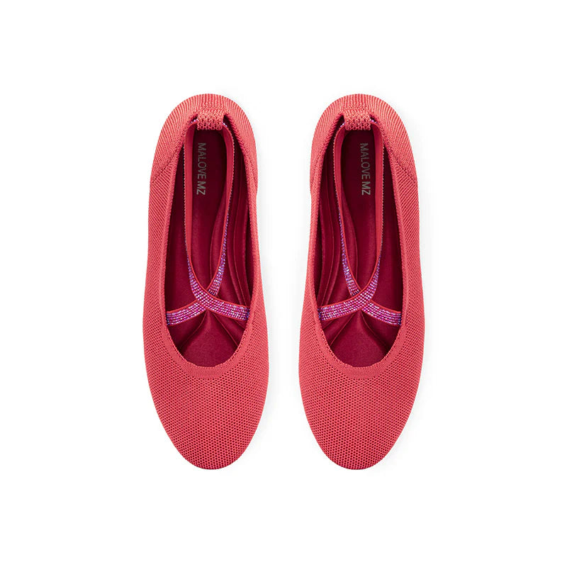 Rhinestone Cross Strap Knit Ballet Flats - Watermelon
