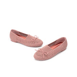 Bow Hollow Mesh Knit Round Toe Low Heel Flats - Coral