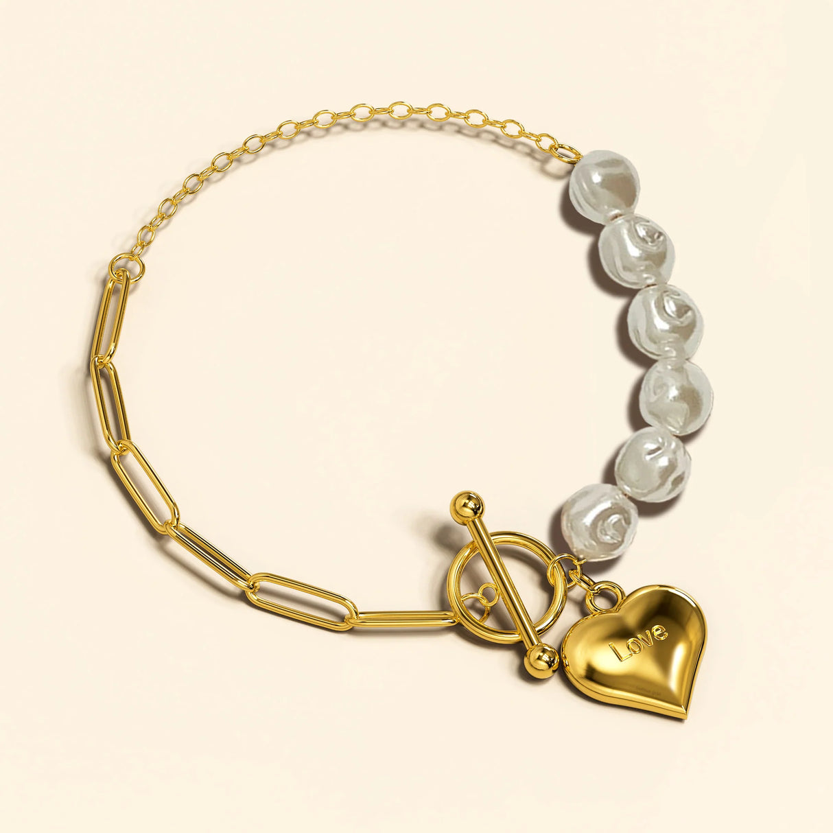 Bullion Gold Pearl Paper Clip Chain Heart Gold Layered Stainless Steel Bracelet