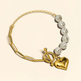Bullion Gold Pearl Paper Clip Chain Heart Gold Layered Stainless Steel Bracelet