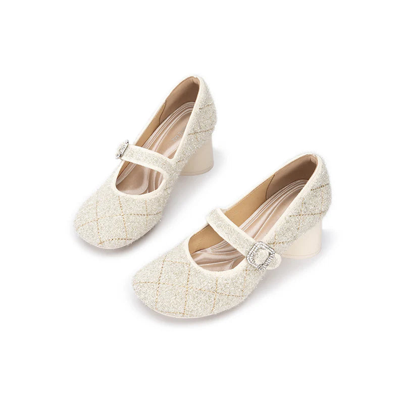 French Vintage Mary Jane Block Heels - Ivory