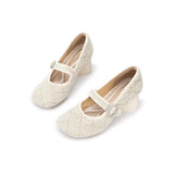 French Vintage Mary Jane Block Heels - Ivory