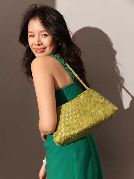 Mini Woven Trapezoid Drawstring Shoulder Bag - Avocado