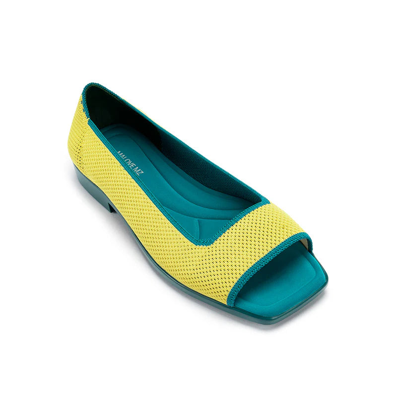 Colorblock Peep Toe Knit Flats - Yellow
