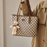 Nalandu Vintage Checkered Large Capacity Shoulder Tote Bag - Khaki