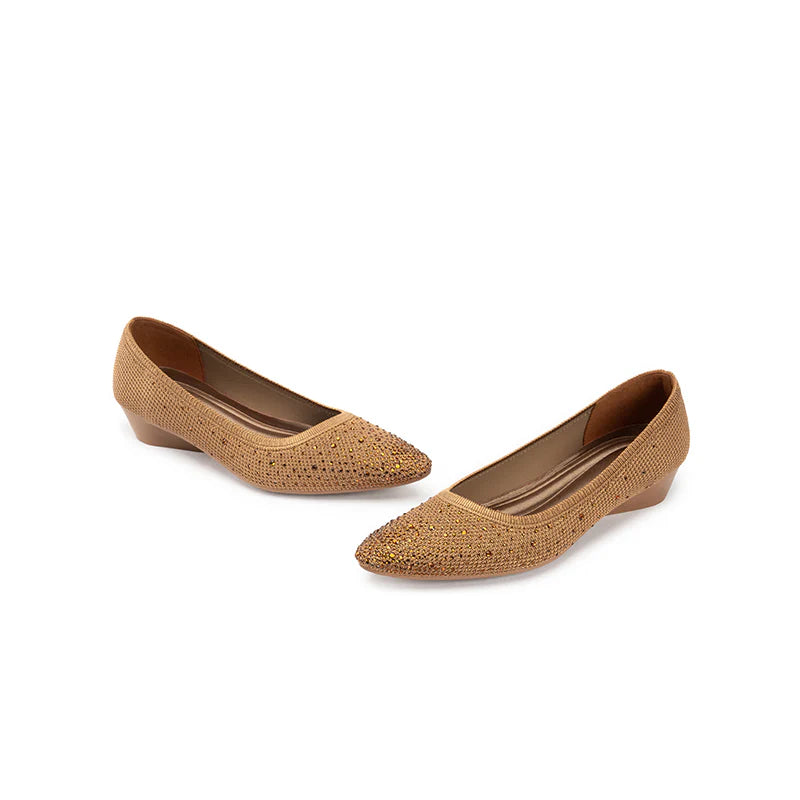 Rhinestone Gradient Knit Pointed Toe Wedge Flats - Tan