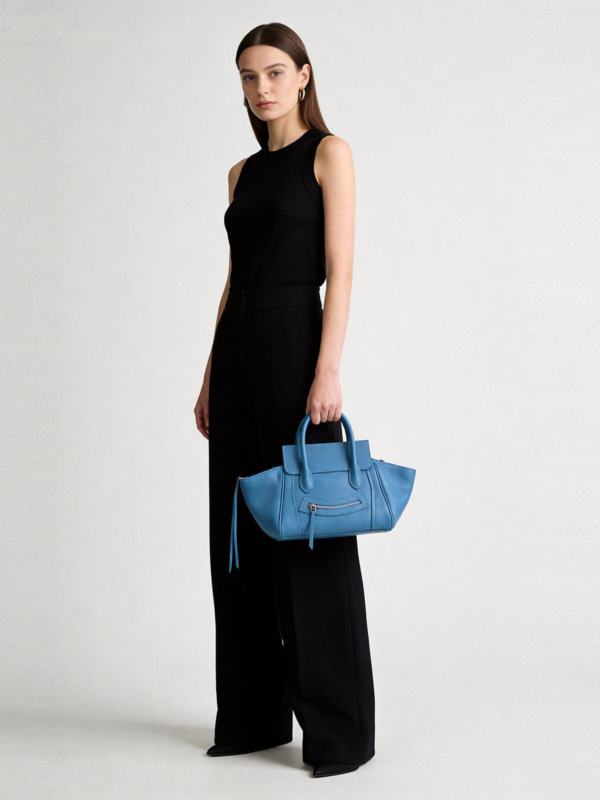 Pebbled Leather Winged Top-Handle Bag - Blue