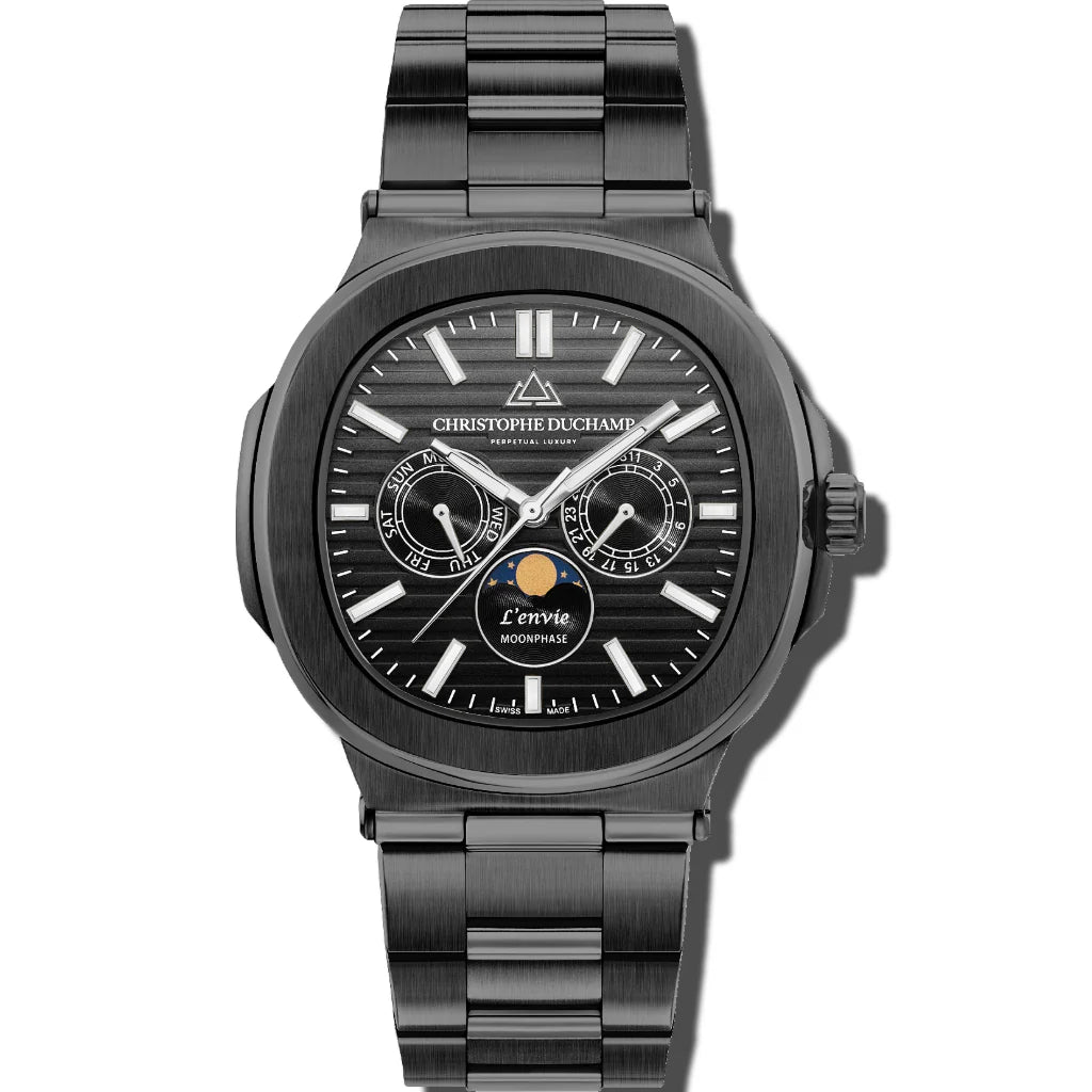 Christophe Duchamp L'envie Moonphase - Black Dial & 316L Stainless Steel Strap