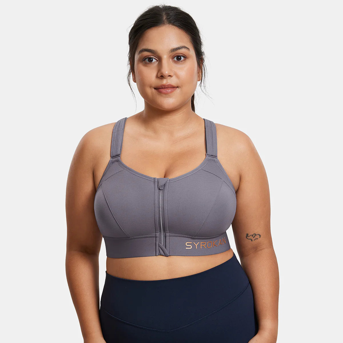 Zip Front Large Padded High Impact Sports Bra - Grey