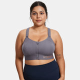 Zip Front Large Padded High Impact Sports Bra - Grey