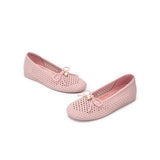 Pearl Bow Heart Mesh Knit Round Toe Wedge Flats - Pink