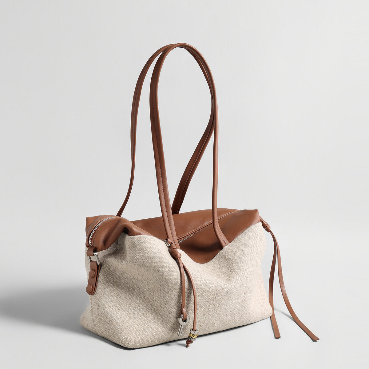 Linen & Leather Colour-Block Tote Bag - Brown