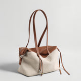 Linen & Leather Colour-Block Tote Bag - Brown
