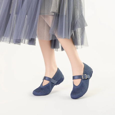 Heart Cutout Breathable Mesh Mary Jane Wedges - Denim