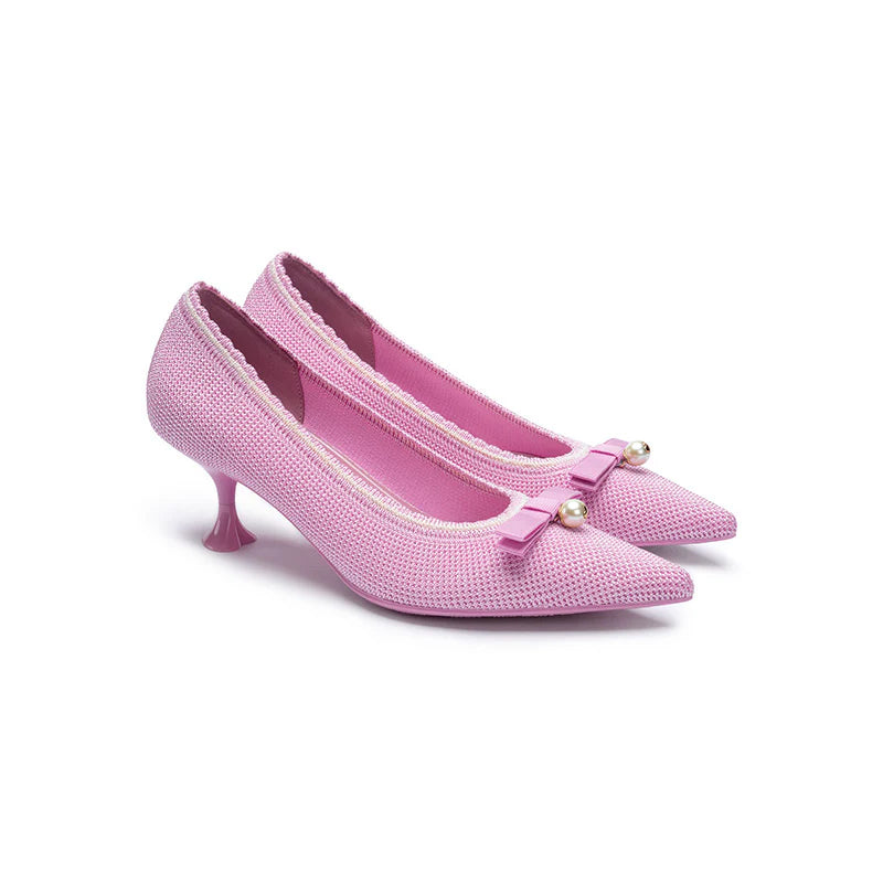 Parisian Pearl Bow Kitten Heels - Pink