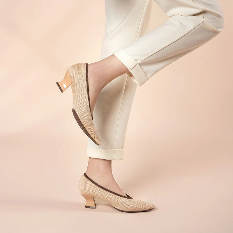 Modish Slip-On Block Heel Pumps - Beige
